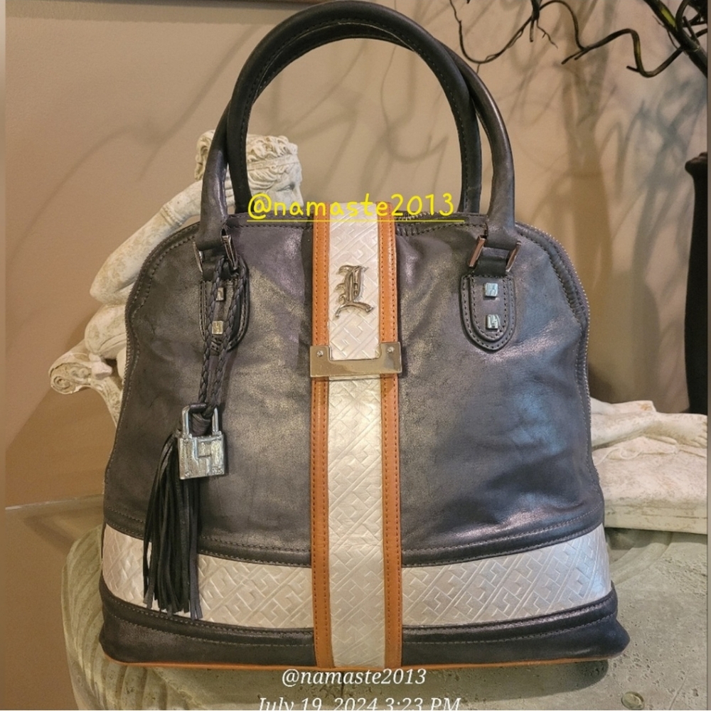 L.A.M.B. Gwen Stefani Leather Metalic Frosted Bowler Satchel Luxury Designer #10
